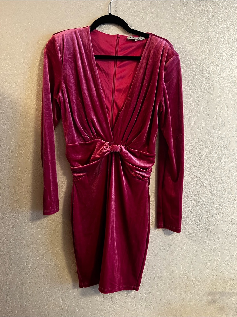 HYFVE Fuchsia/Hot Pink Velvet Knot-Front Long Sleeve Dress